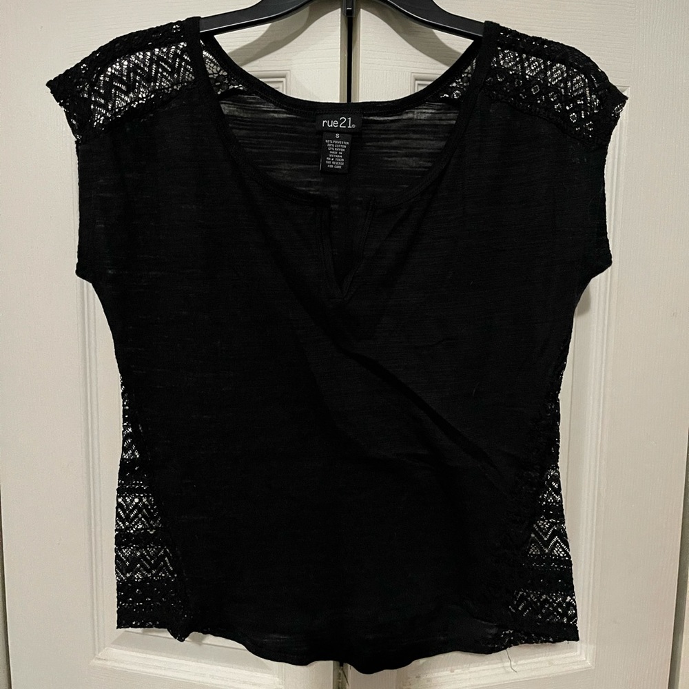 Rue21 Black Shirt with Lace Shoulder and Sides